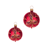 Red mouth-blown German glass bauble with glittered matte and shiny panels, another view