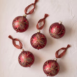 Red mouth-blown German glass bauble with glittered matte and shiny panels, made in Thuringia, Germany