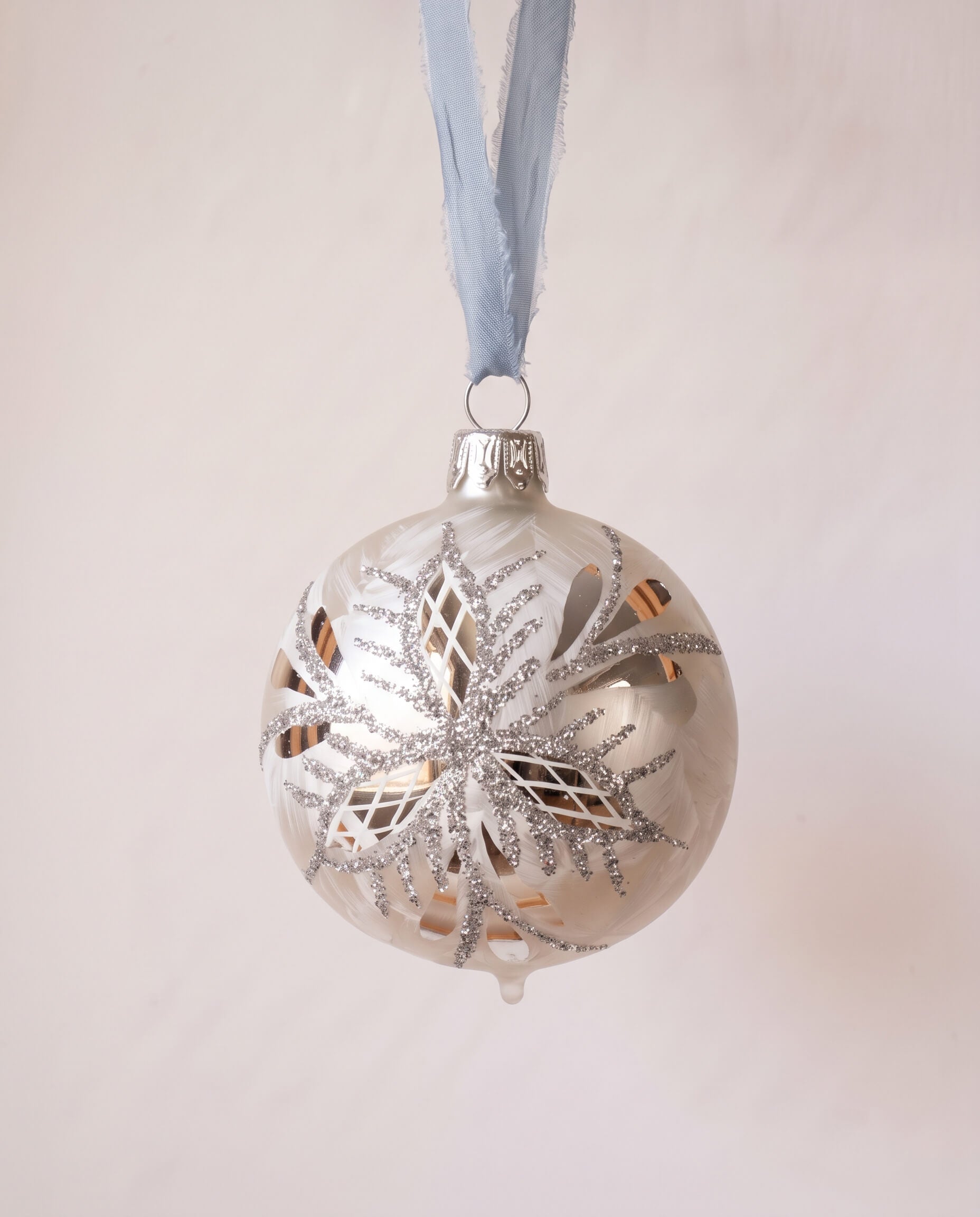 White mouth-blown German glass bauble with hand-applied glitter, another view