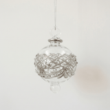 Hand-blown clear glass bauble painted with delicate platinum drapes, made in Old Cairo, Egypt