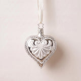 Sterling silver mouth-blown glass heart ornament with glittered edges, by Inge-Glas of Lauscha, Germany