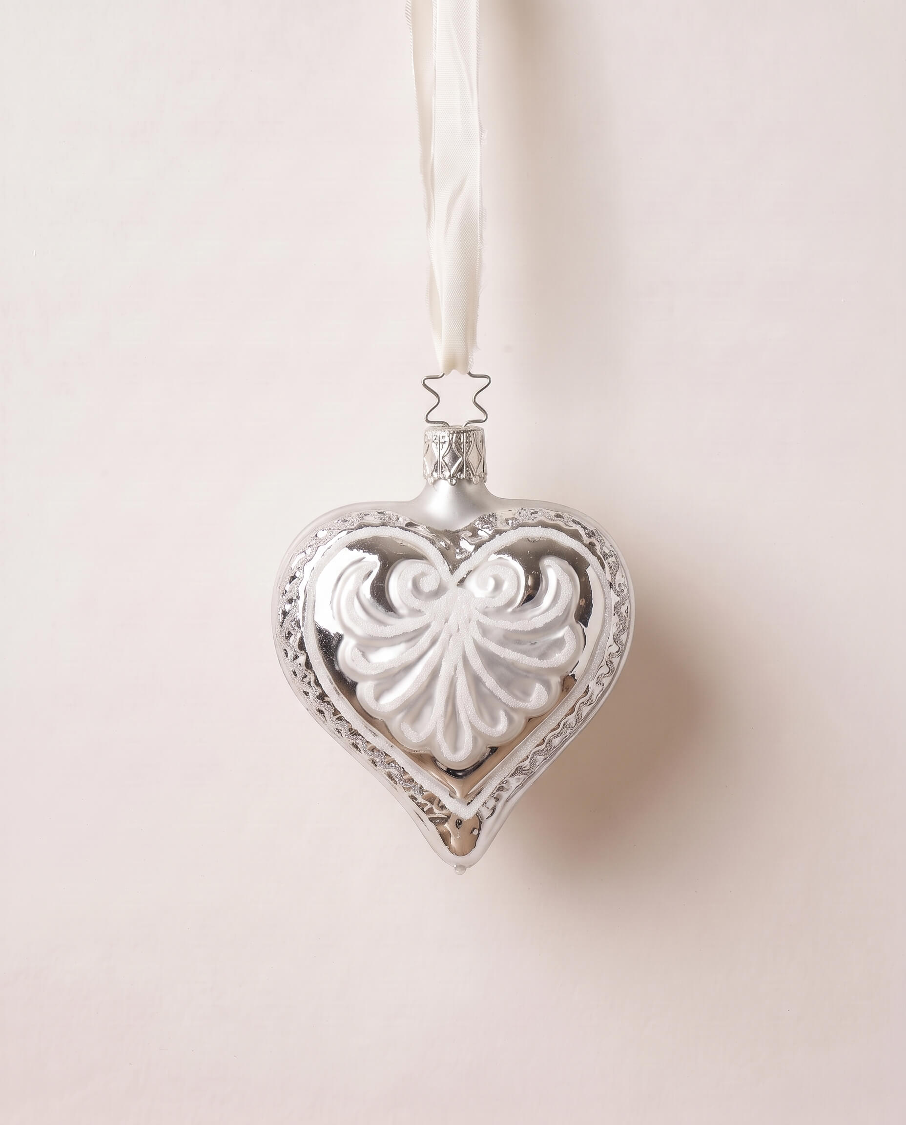 Sterling silver mouth-blown glass heart ornament with glittered edges, by Inge-Glas of Lauscha, Germany