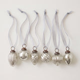 Set of six silver crackle glass Christmas baubles with bronze caps and ribbon hangers, made in India