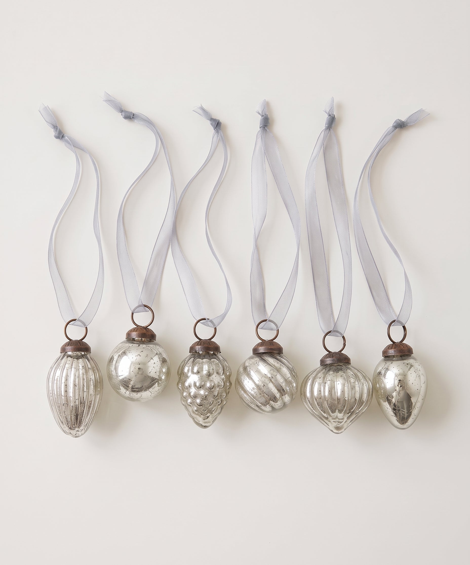 Set of six silver crackle glass Christmas baubles with bronze caps and ribbon hangers, made in India