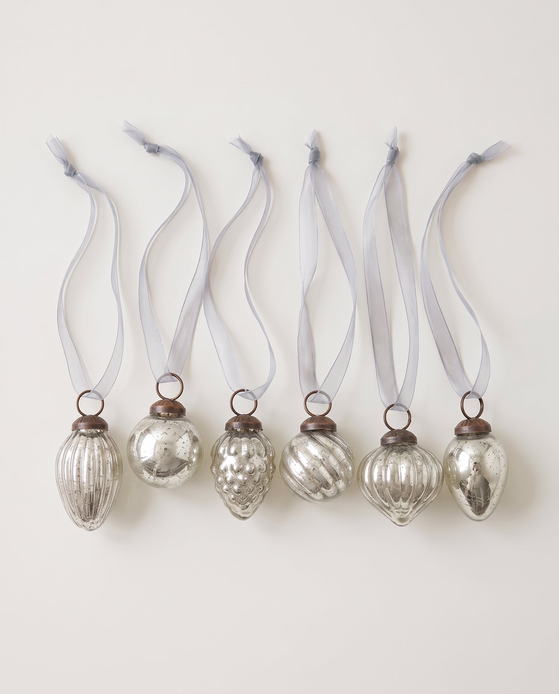 Set of six silver crackle glass Christmas baubles with bronze caps and ribbon hangers, made in India