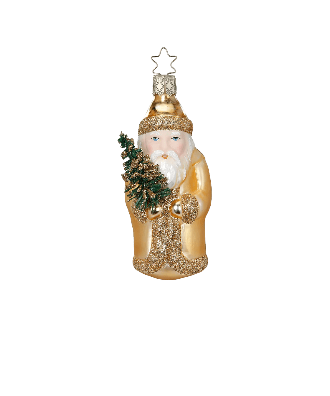 Gold mouth-blown glass St. Nicholas ornament holding a small evergreen, another view