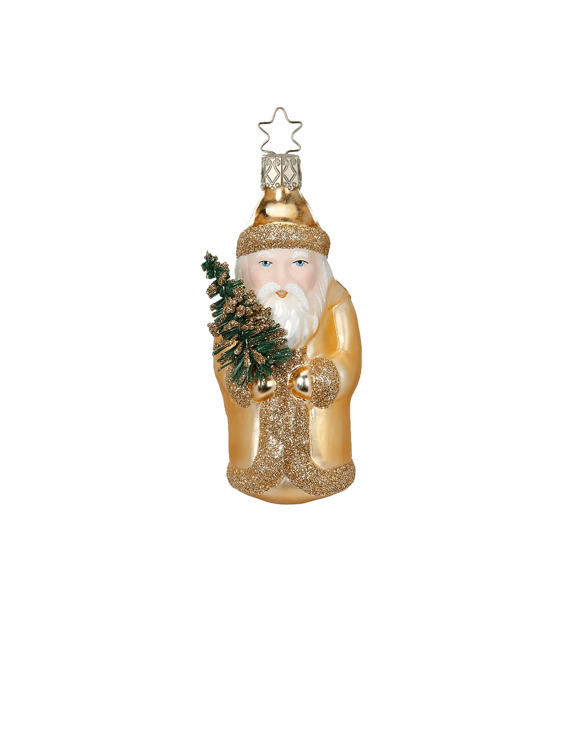 Gold mouth-blown glass St. Nicholas ornament holding a small evergreen, another view