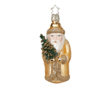 Gold mouth-blown glass St. Nicholas ornament holding a small evergreen, another view