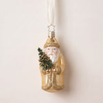 Gold mouth-blown glass St. Nicholas ornament holding a small evergreen, by Inge-Glas of Lauscha, Germany