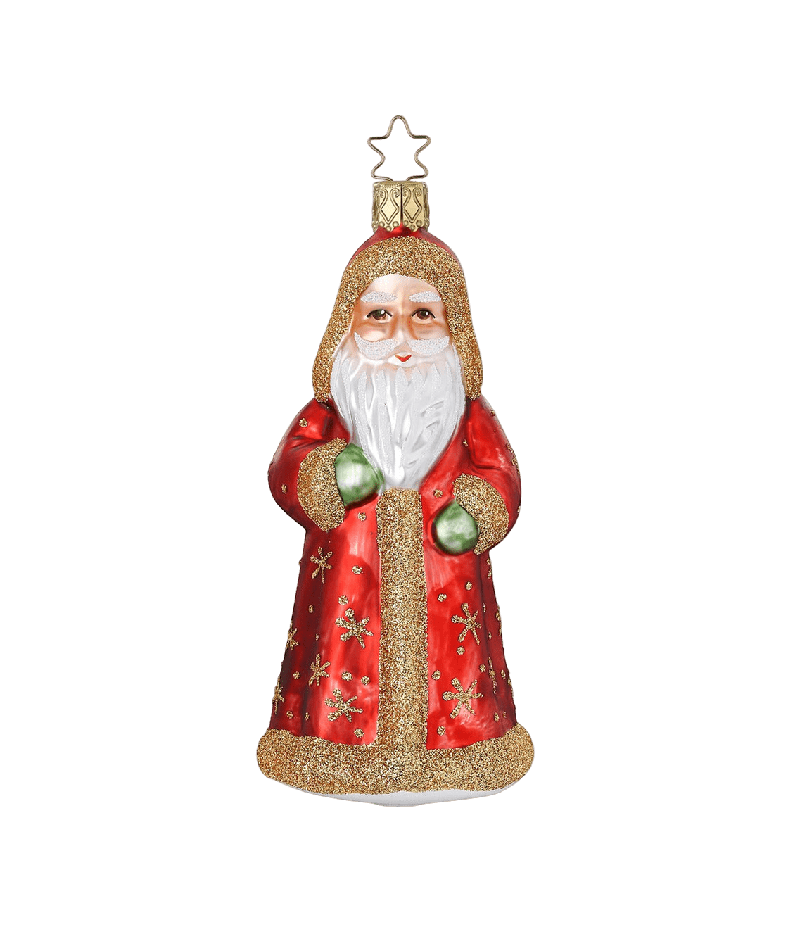 Crimson and gold mouth-blown glass St. Nicholas ornament with glittered robes, another view