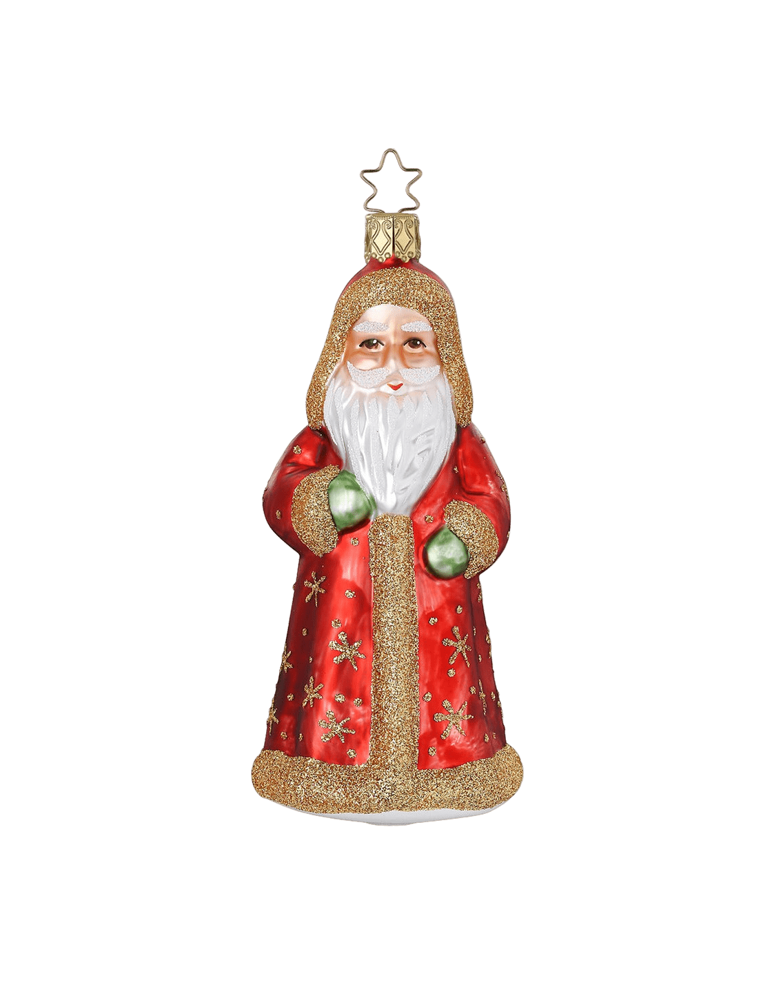 Crimson and gold mouth-blown glass St. Nicholas ornament with glittered robes, another view