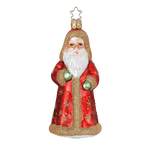 Crimson and gold mouth-blown glass St. Nicholas ornament with glittered robes, another view