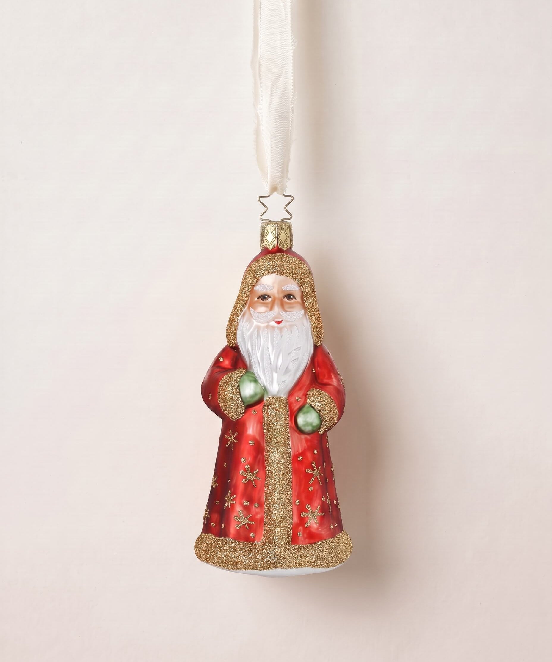 Crimson and gold mouth-blown glass St. Nicholas ornament with glittered robes, by Inge-Glas of Lauscha, Germany