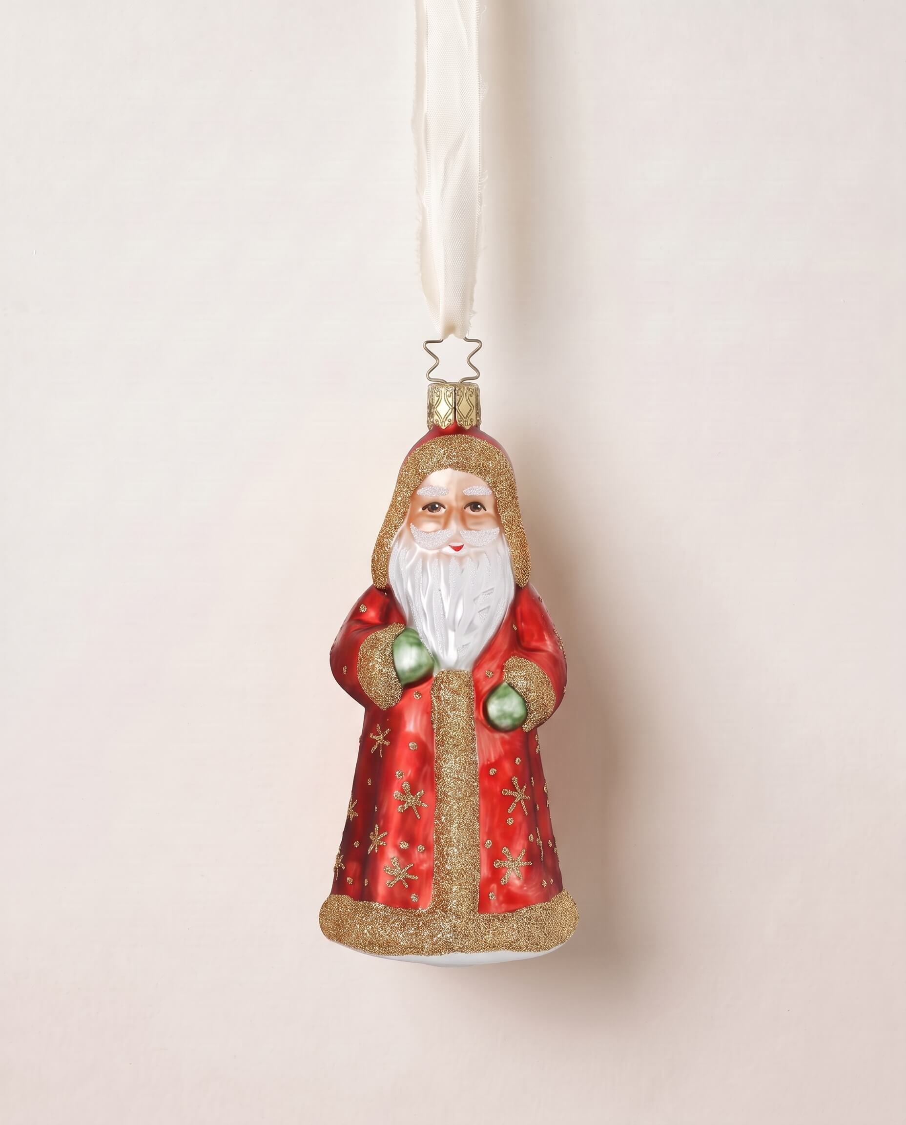 Crimson and gold mouth-blown glass St. Nicholas ornament with glittered robes, by Inge-Glas of Lauscha, Germany