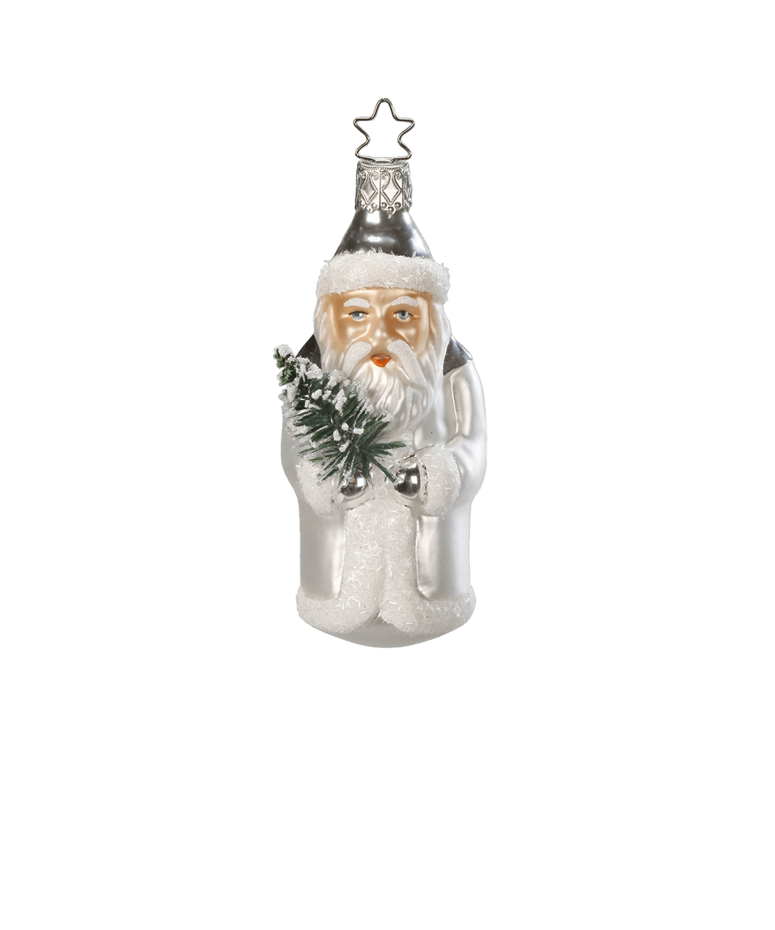 Silver and white mouth-blown glass St. Nicholas ornament holding a small evergreen, another view