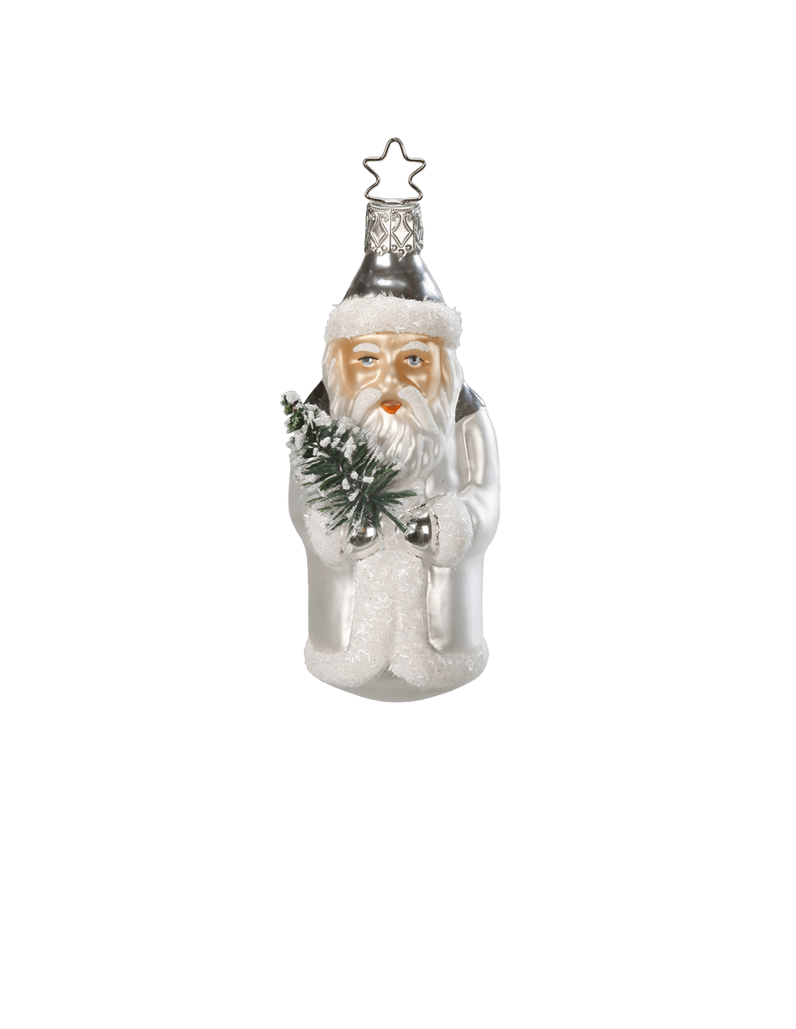 Silver and white mouth-blown glass St. Nicholas ornament holding a small evergreen, another view