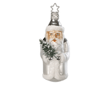 Silver and white mouth-blown glass St. Nicholas ornament holding a small evergreen, another view