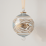 Hand-blown teal glass bauble with an etched floral garland and 14kt gold detail, made in Old Cairo, Egypt