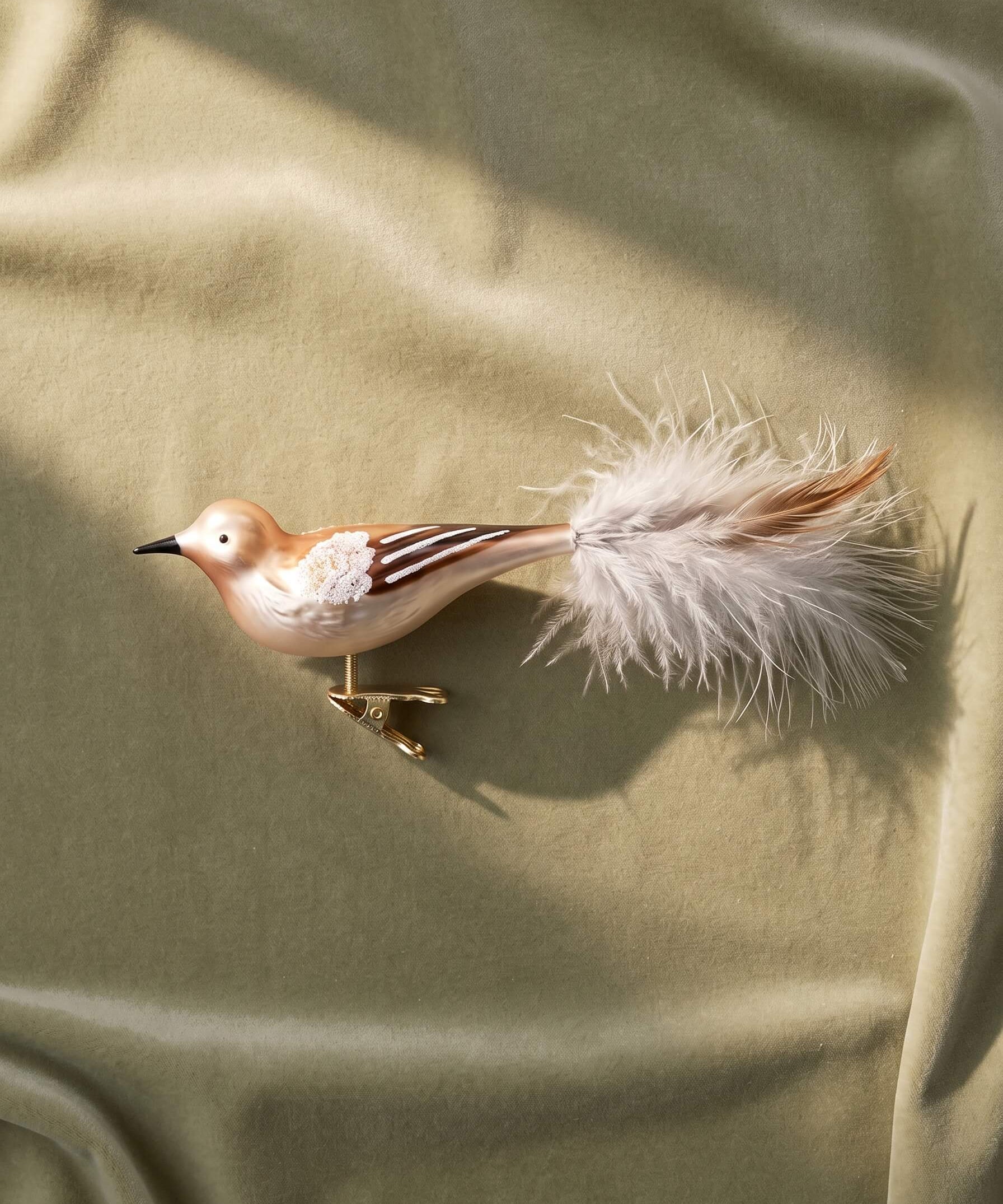 Mouth-blown glass thrush bird ornament with soft brush strokes and a clip base, by Inge-Glas of Lauscha, Germany