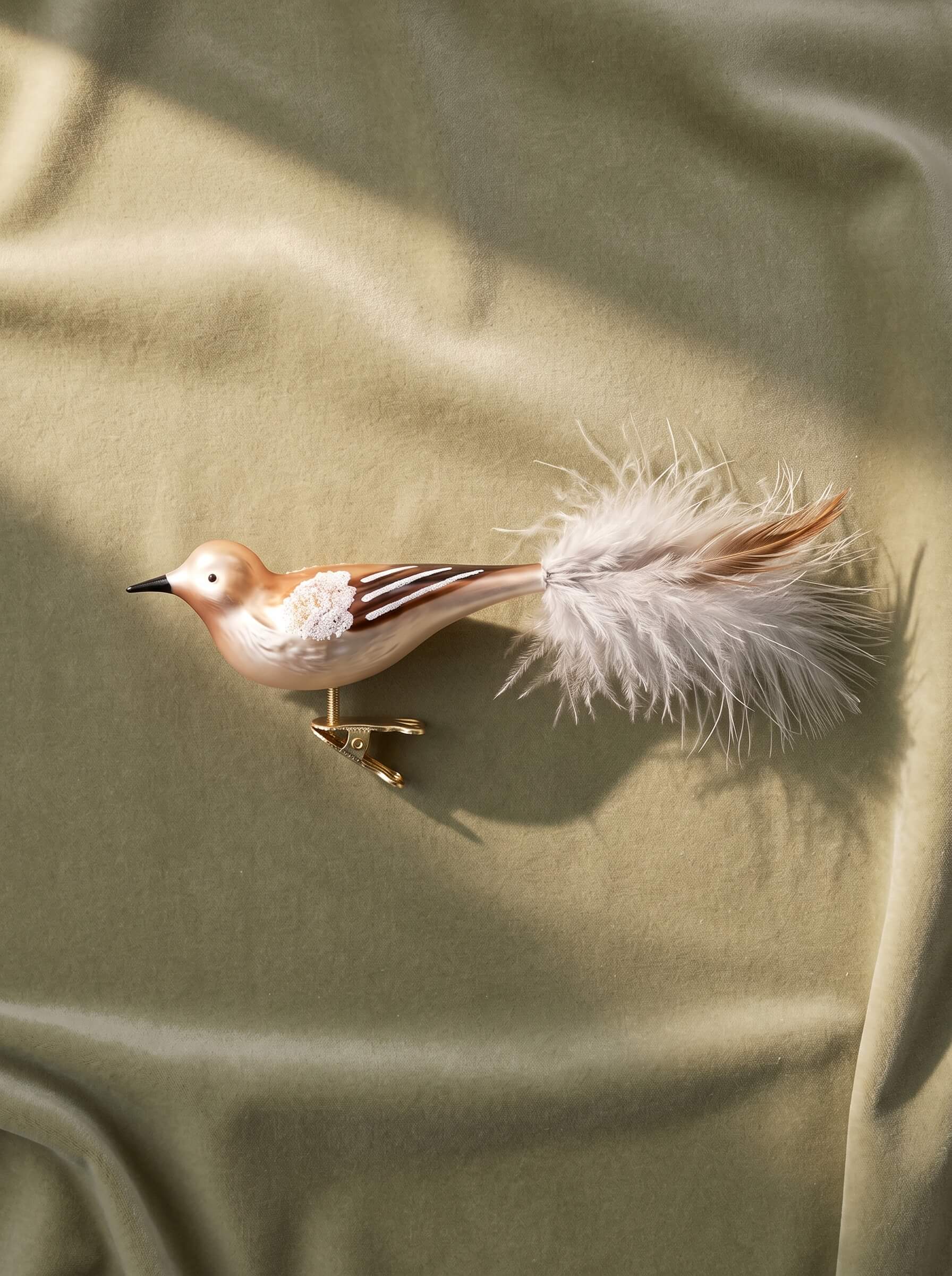 Mouth-blown glass thrush bird ornament with soft brush strokes and a clip base, by Inge-Glas of Lauscha, Germany
