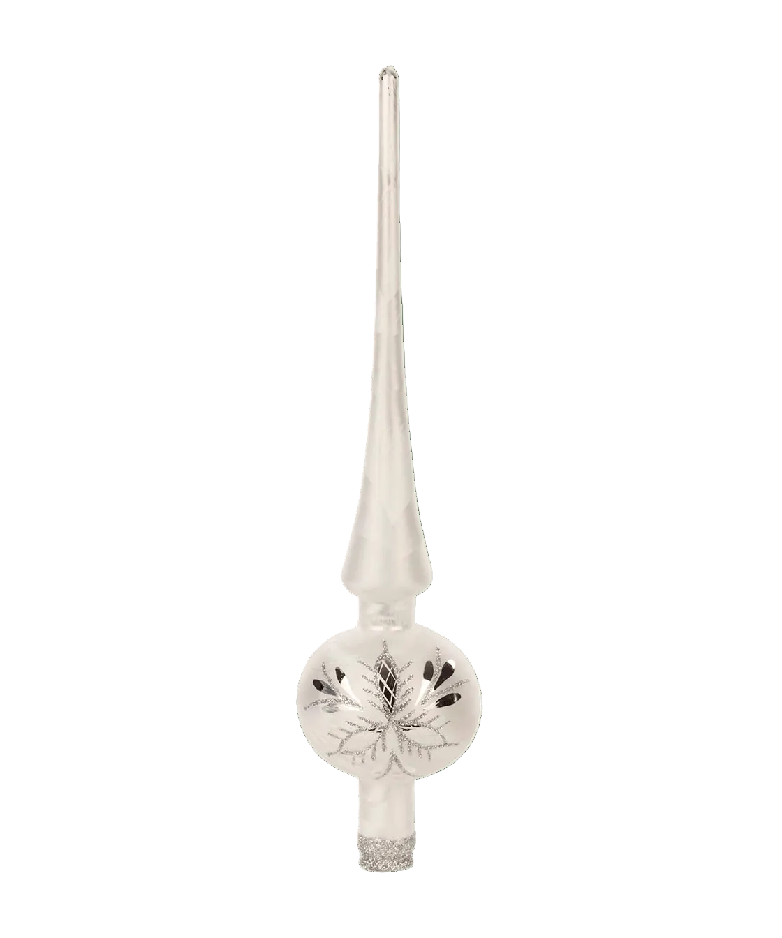 Matte white mouth-blown glass tree topper with mirrored silver panels, another view