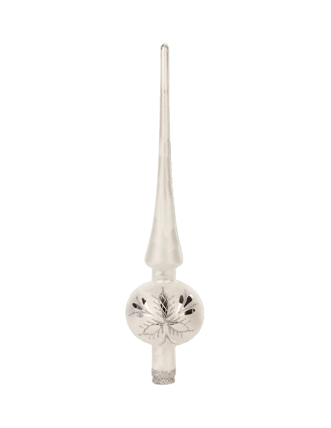 Matte white mouth-blown glass tree topper with mirrored silver panels, another view