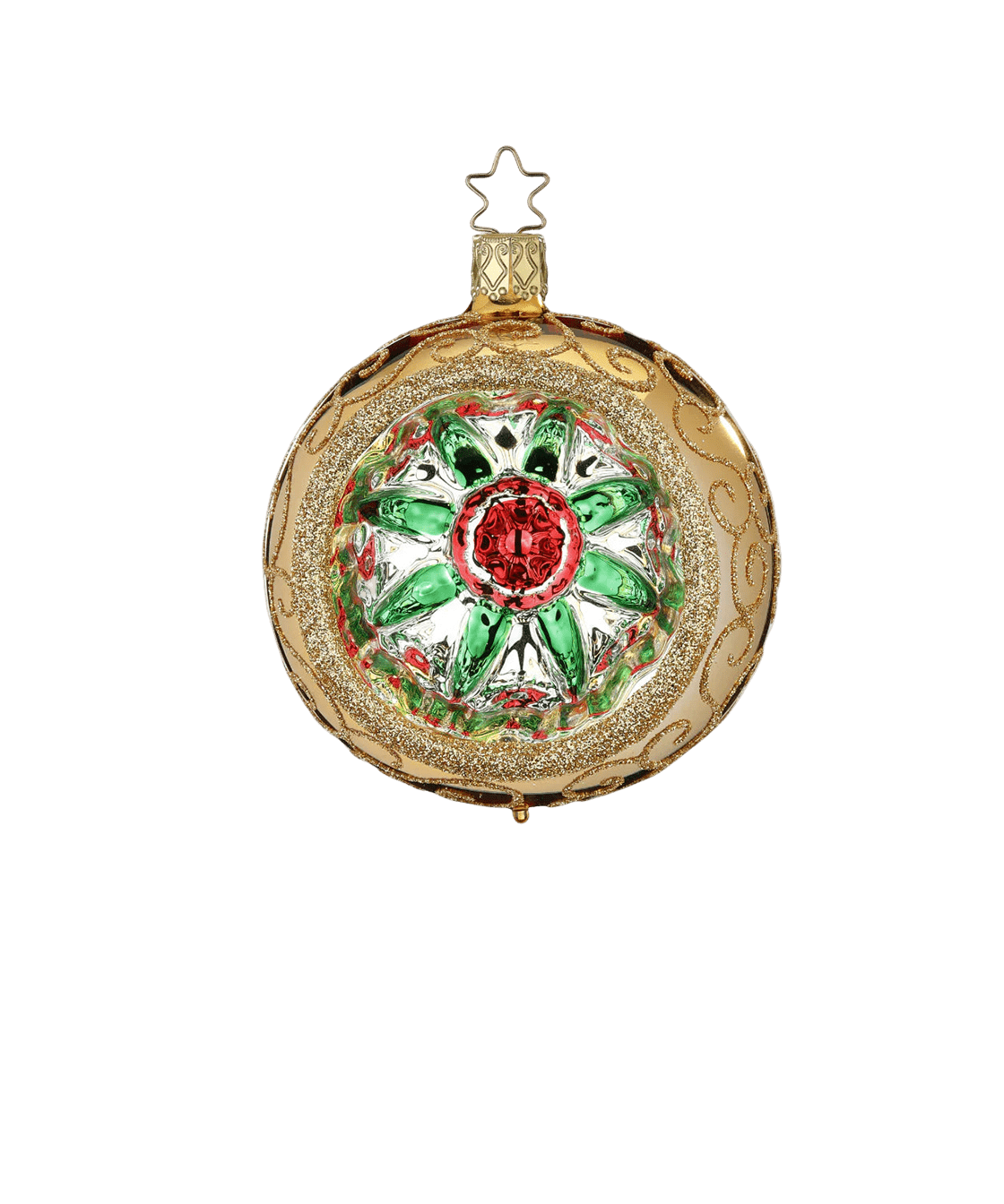 Gold glass reflector ornament with a red and green star centre and gold glitter swirls, another view