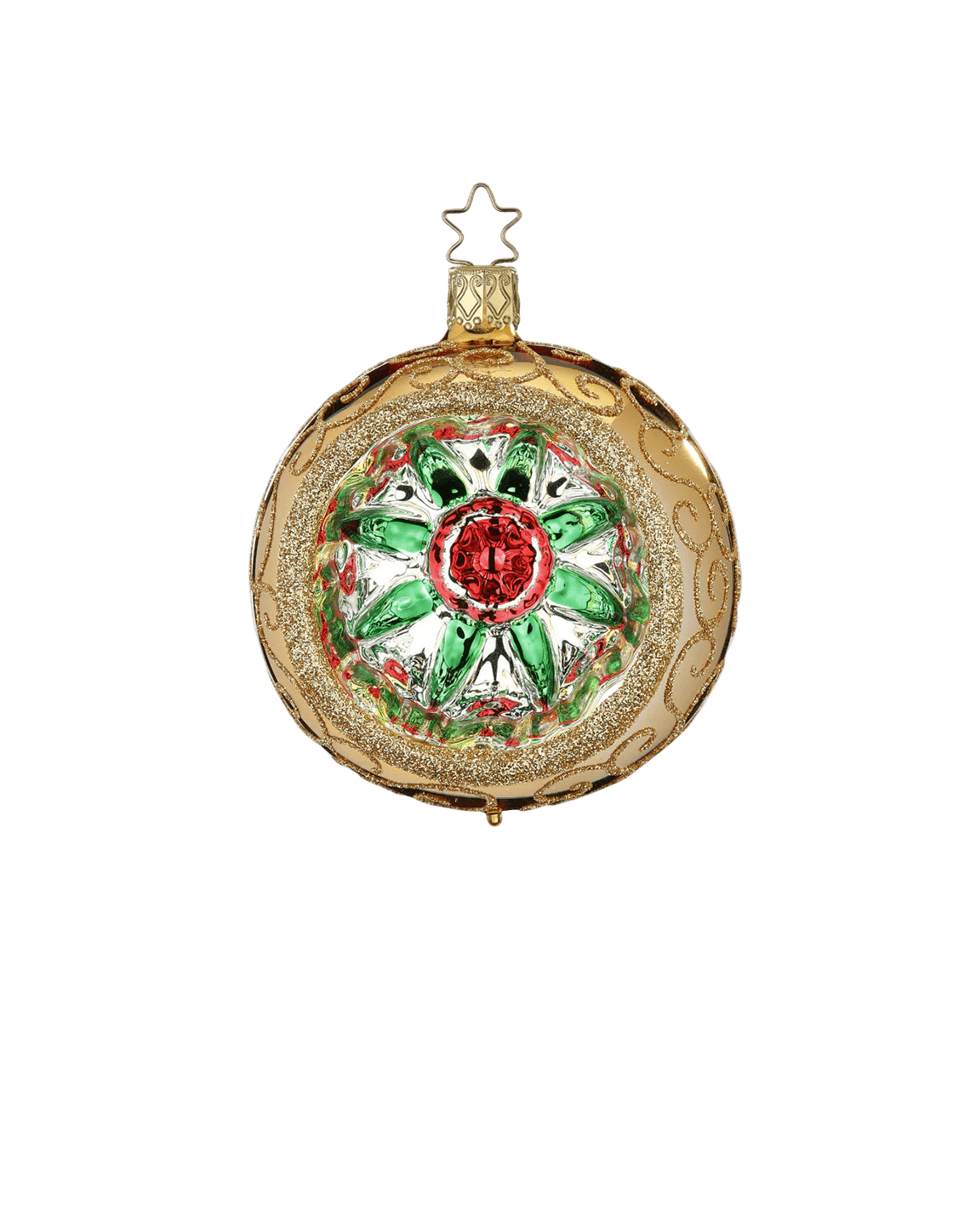 Gold glass reflector ornament with a red and green star centre and gold glitter swirls, another view