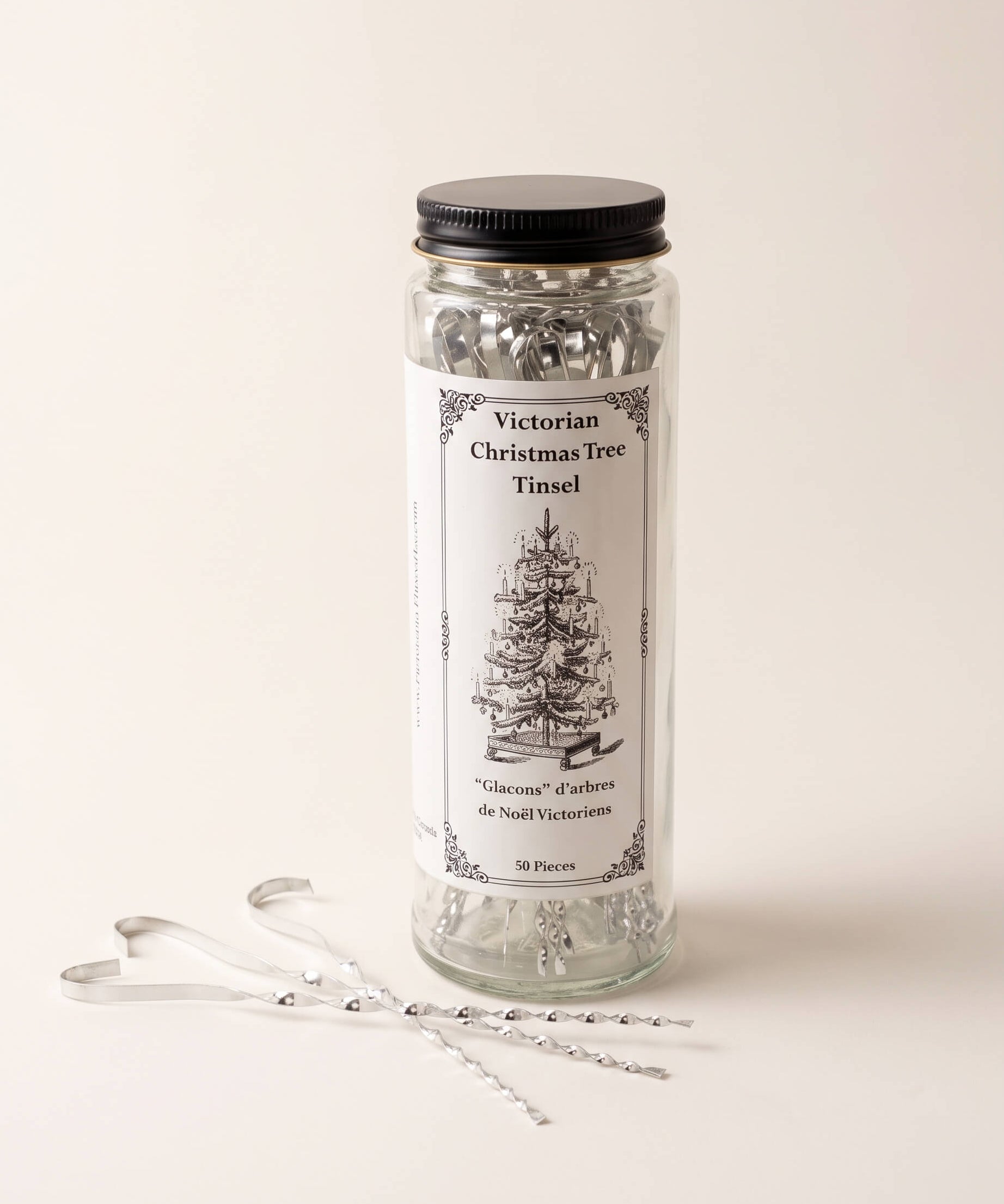 Silver Victorian-style Christmas tree tinsel in twisted tin-plated steel, made in Lancaster, Ontario