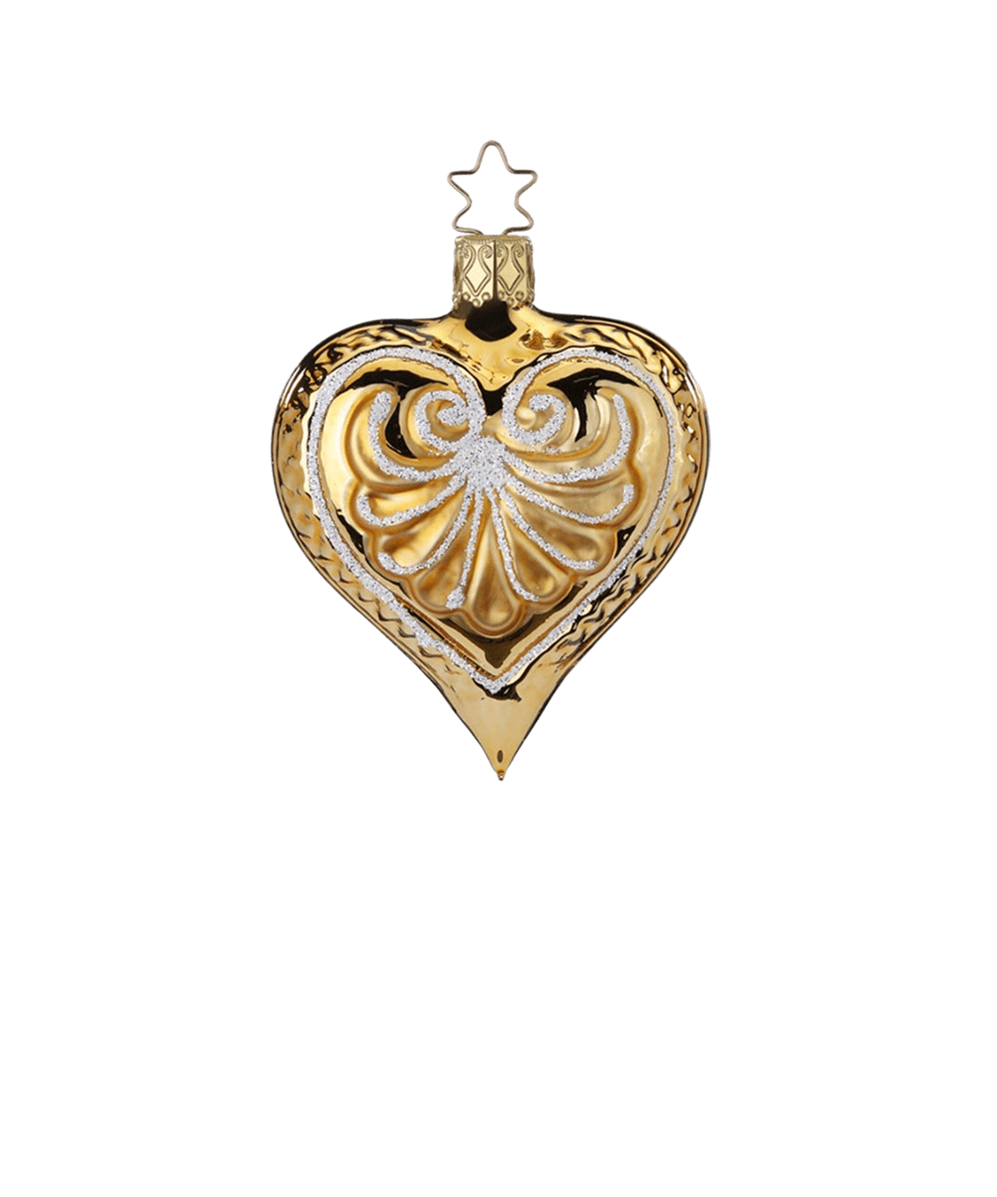 Antique gold mouth-blown glass heart ornament with a frosted glitter wash, another view