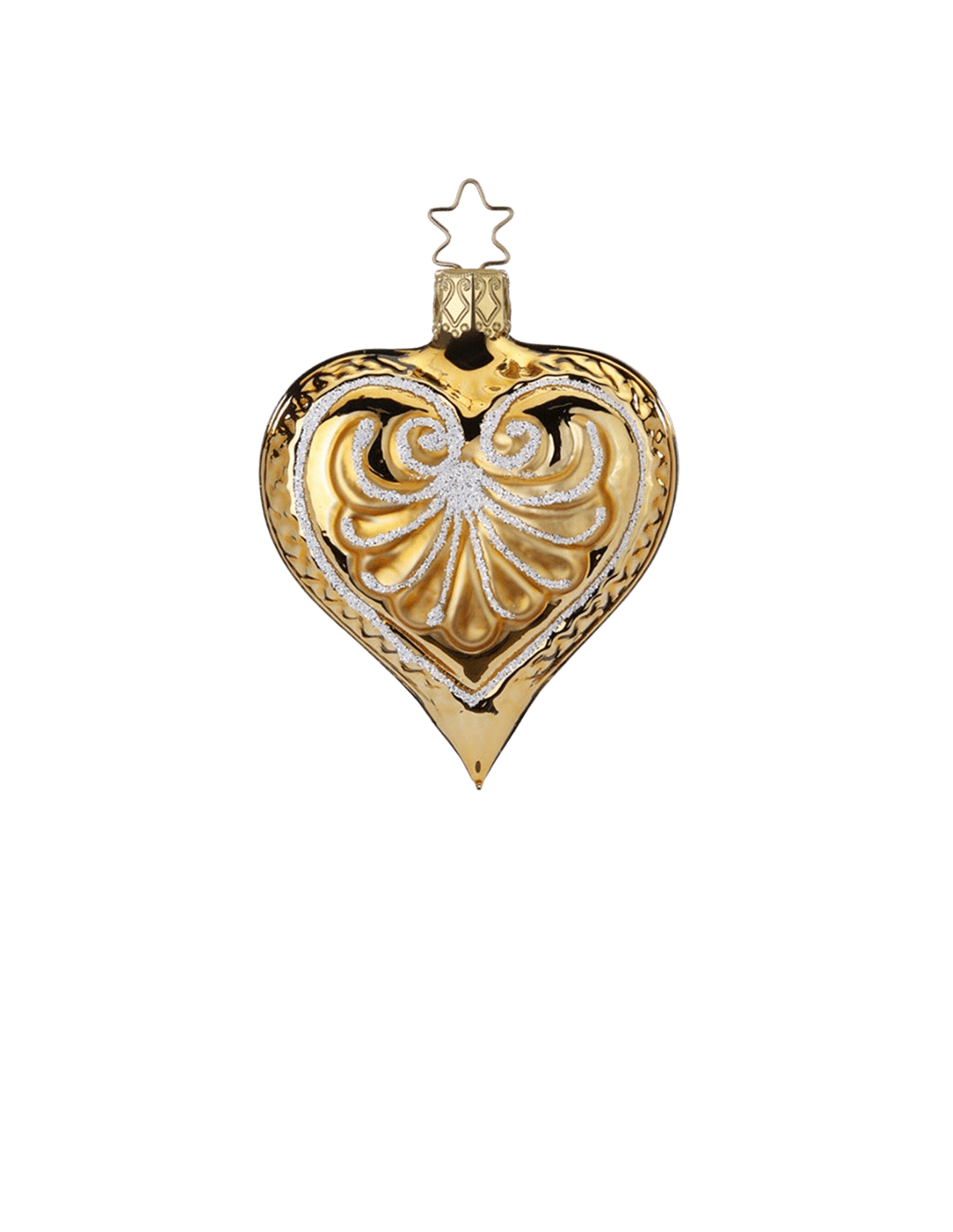 Antique gold mouth-blown glass heart ornament with a frosted glitter wash, another view