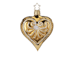 Antique gold mouth-blown glass heart ornament with a frosted glitter wash, another view