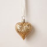 Antique gold mouth-blown glass heart ornament with a frosted glitter wash, by Inge-Glas of Lauscha, Germany