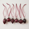 Set of six deep wine crackle glass Christmas baubles with bronze caps and ribbon hangers, made in India