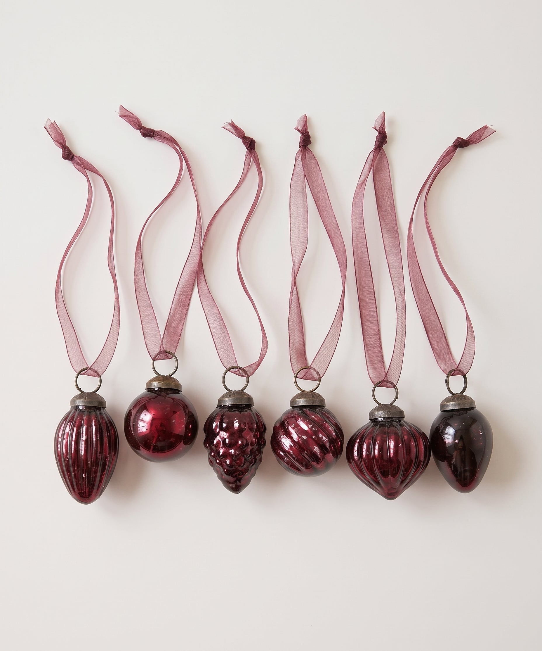 Set of six deep wine crackle glass Christmas baubles with bronze caps and ribbon hangers, made in India