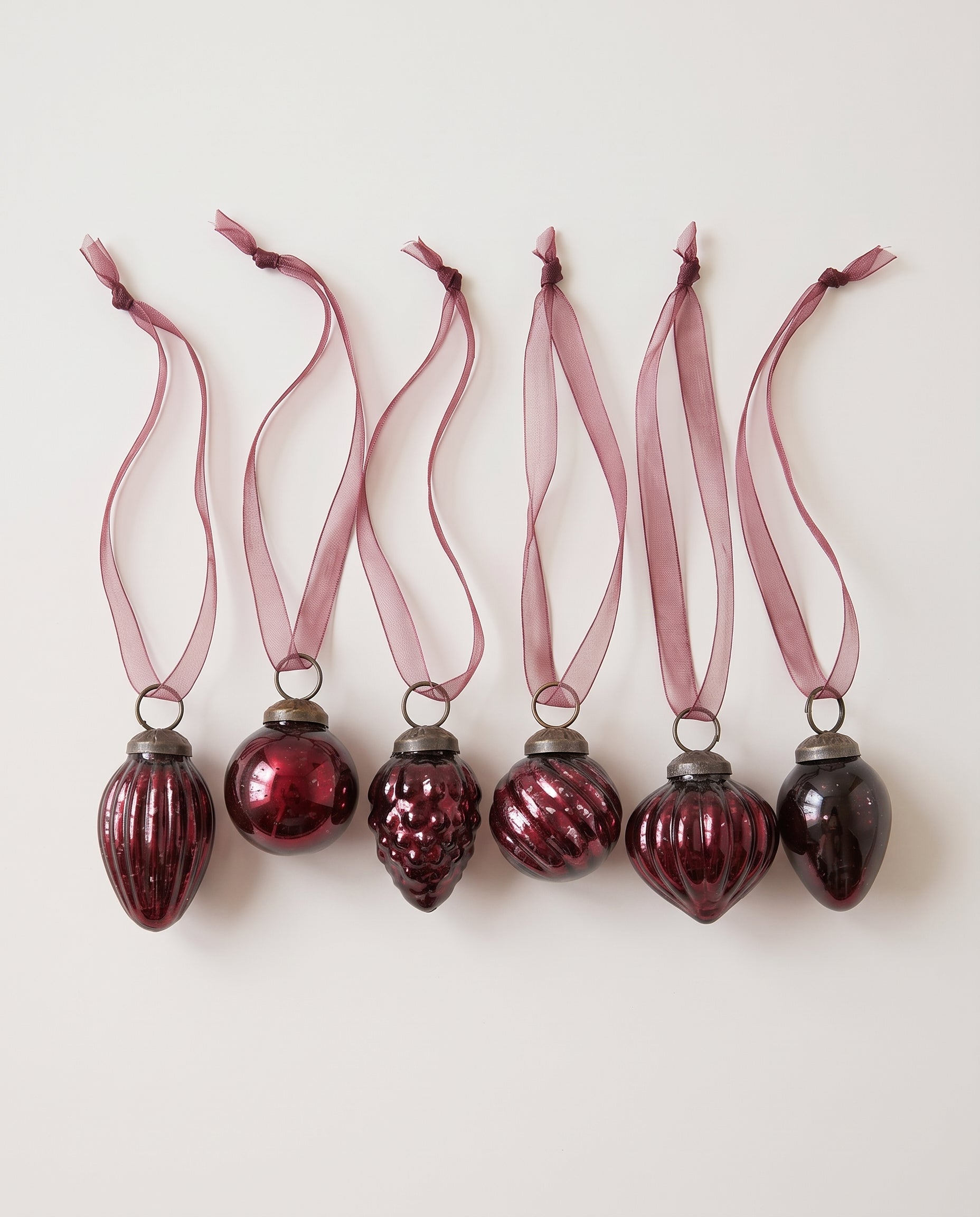 Set of six deep wine crackle glass Christmas baubles with bronze caps and ribbon hangers, made in India