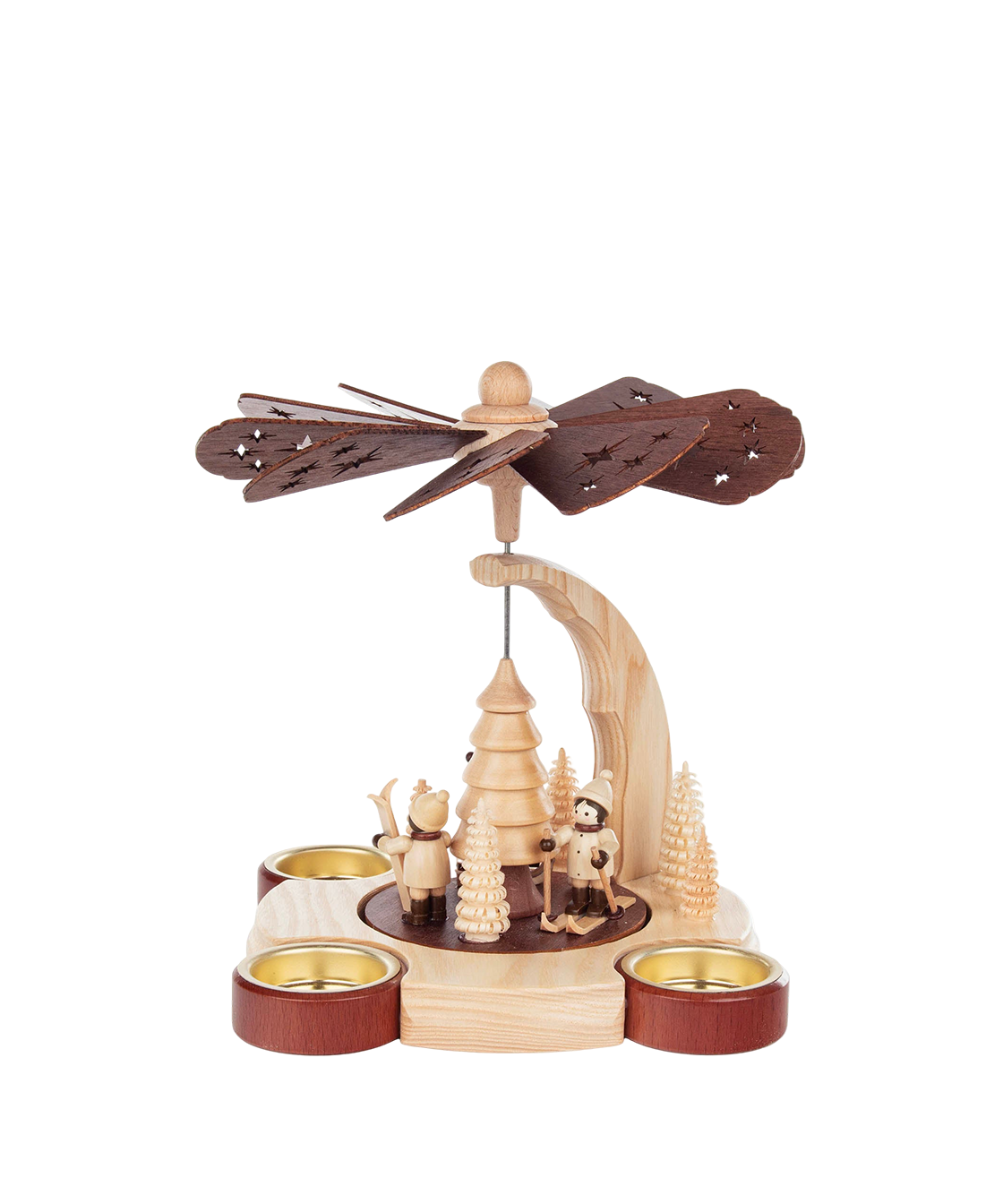 Wooden candle pyramid with hand-carved winter children scene, made in Seiffen, Germany.