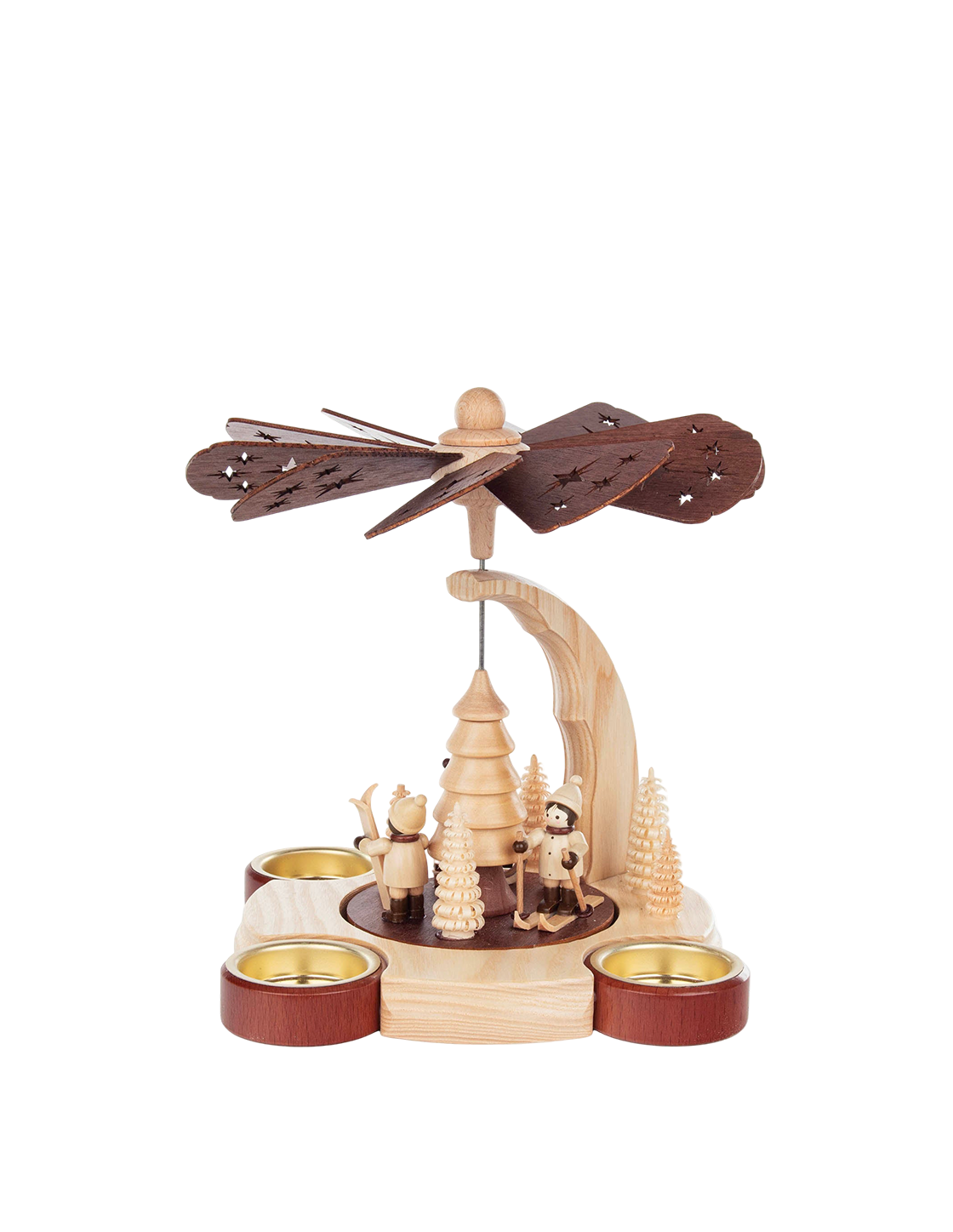 Wooden candle pyramid with hand-carved winter children scene, made in Seiffen, Germany.
