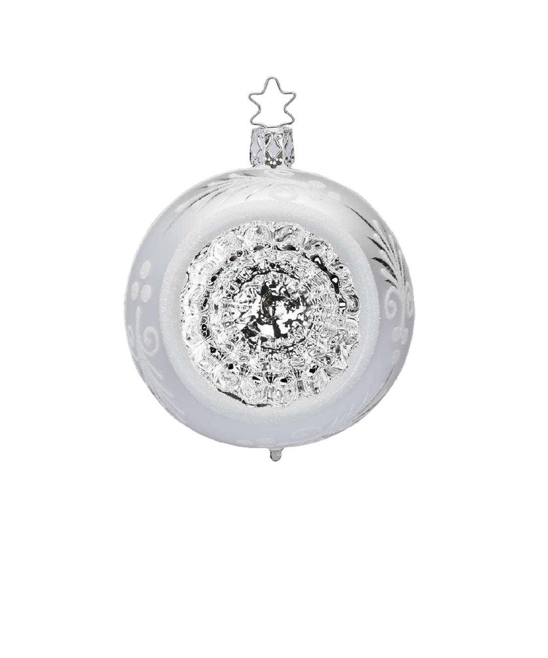 Matte white and silver glass reflector ornament with a reflective centre, another view