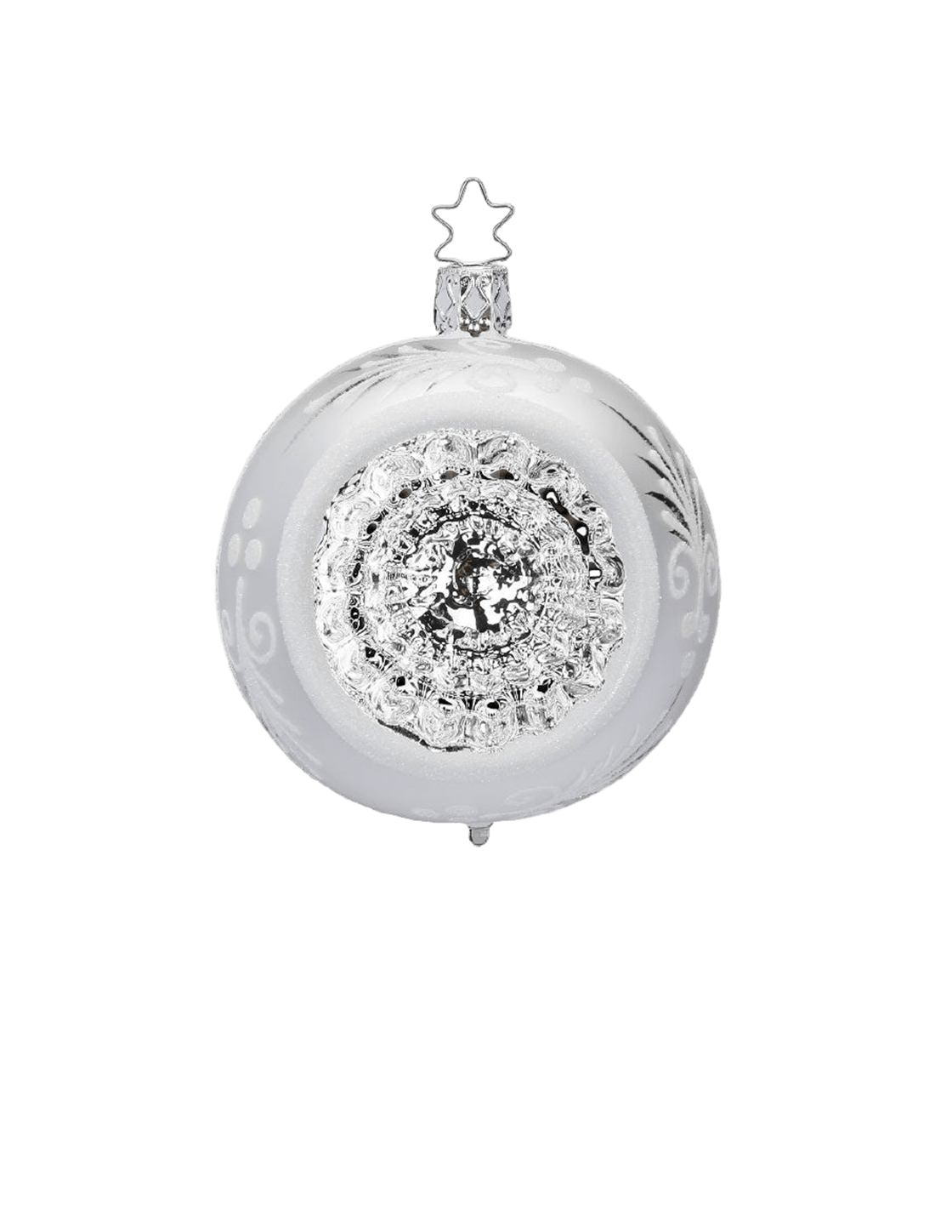 Matte white and silver glass reflector ornament with a reflective centre, another view