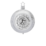 Matte white and silver glass reflector ornament with a reflective centre, another view