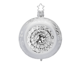 Matte white and silver glass reflector ornament with a reflective centre, another view