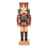 Brown and gold hand-painted wooden nutcracker king with a crown, another view