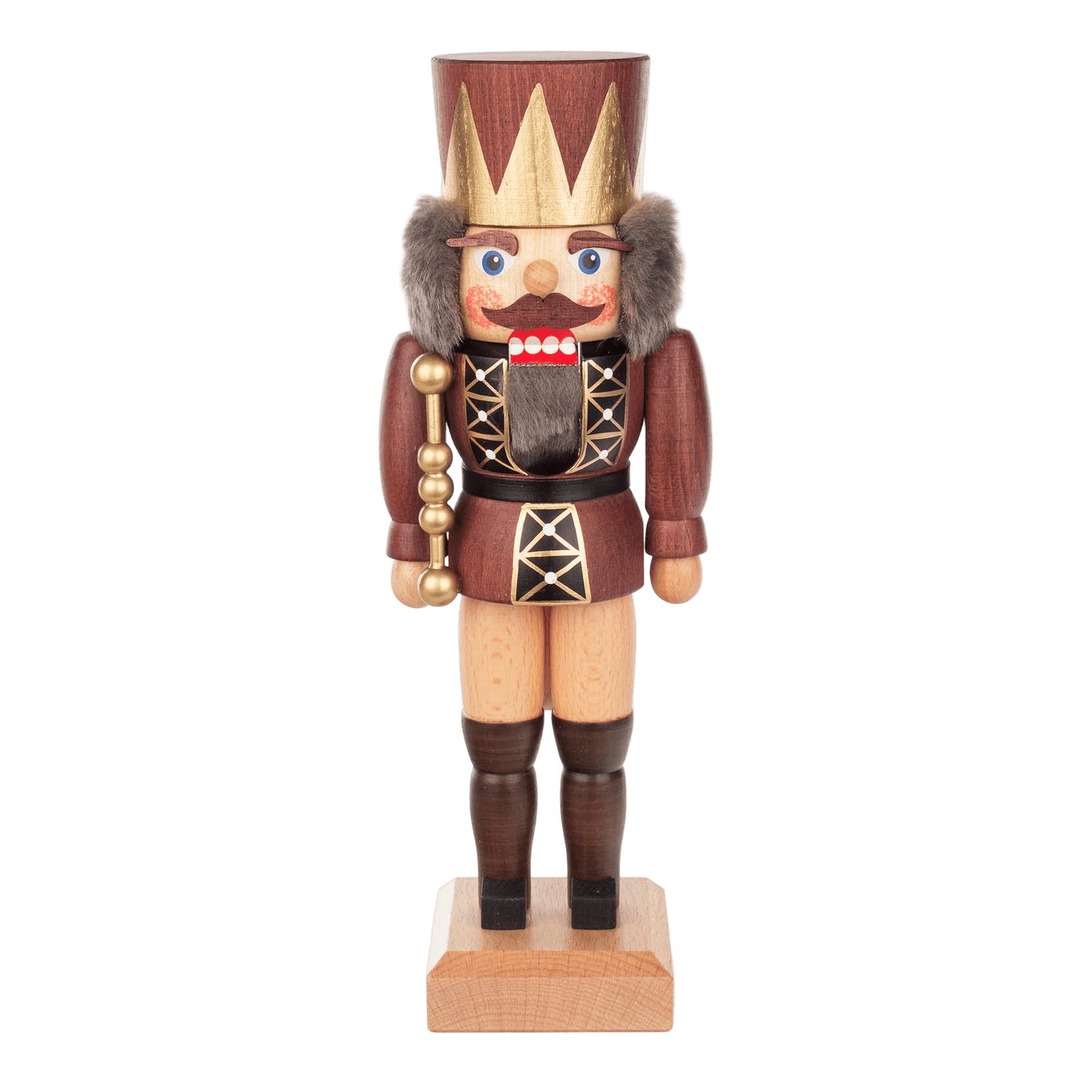 Brown and gold hand-painted wooden nutcracker king with a crown, another view