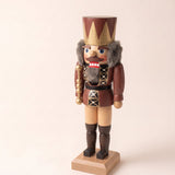Brown and gold hand-painted wooden nutcracker king with a crown, made in Seiffen, Germany
