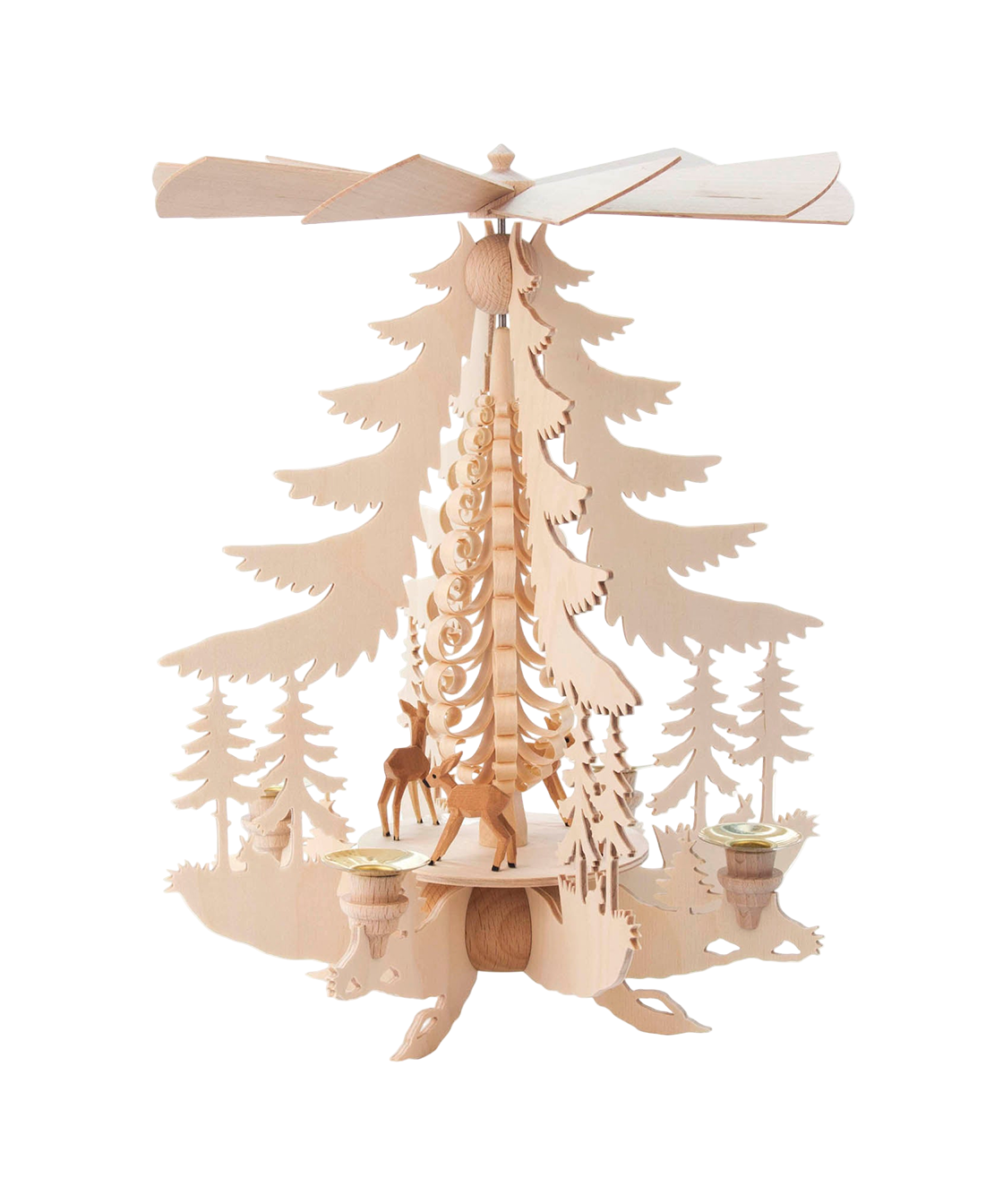 Hand-carved wooden candle pyramid with deer and trees, traditional Erzgebirge design.