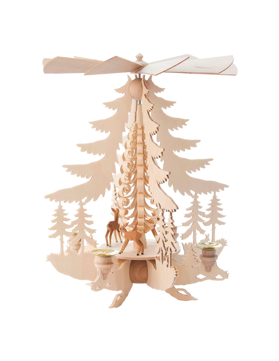 Hand-carved wooden candle pyramid with deer and trees, traditional Erzgebirge design.