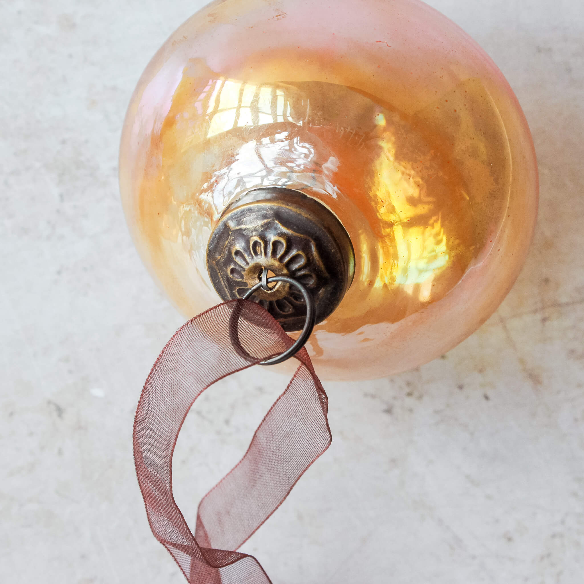 3 inch copper lustre pressed glass lantern ornament with a bronze cap and ribbon hanger, another view