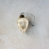 3 inch silver pressed glass pinecone ornament with a bronze cap and ribbon hanger, another view