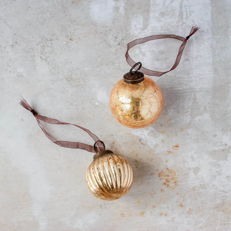 2" Champagne Crackle Glass Bauble Ornament